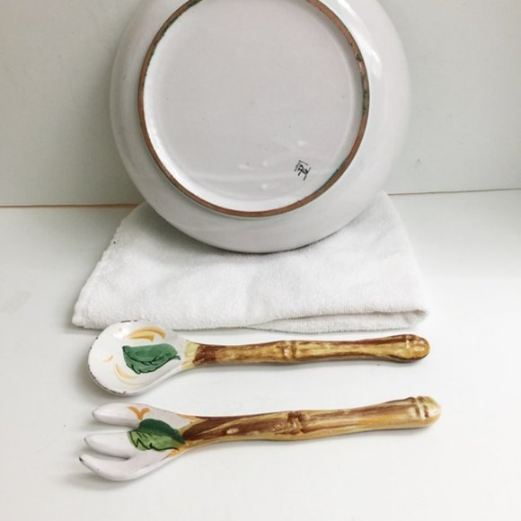 Mid Century Salad Bowl 11 1/2" + Serving Spoon & Fork Ceramic Italy 1954 Vintage - Picture 4 of 11